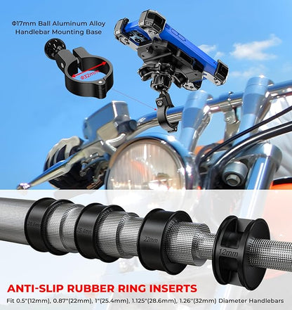 Motorcycle Phone Mount with Vibration Dampener, 1s Lock Bike Phone Holder with Aluminum Alloy Handlebar Mounting Base, One-Handed Operation Motorcycle Cellphone Mount for 5.5"-7.2" Smartphone