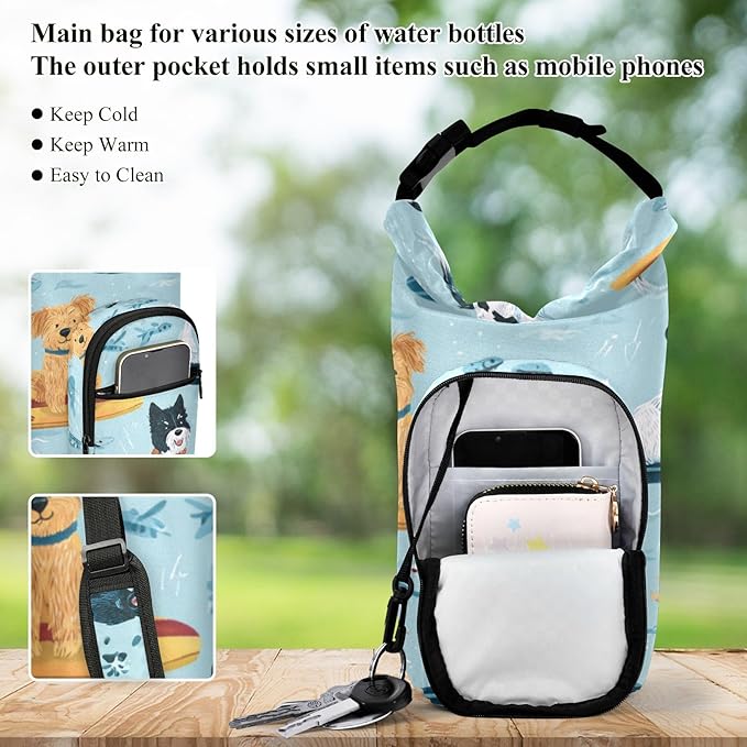 Blue Summer Dogs on Surfboards Water Bottle Holder with Strap Insulated Water Bottle Carrier Crossbody Bags Pouch with Phone Pocket for Travel Gym Hiking Walking Running
