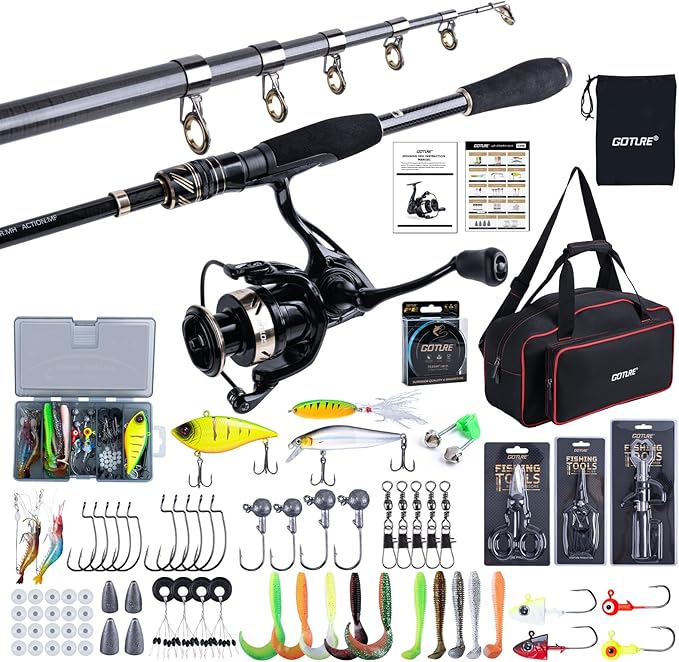 Goture Fishing Rod and Reel Combo - Carbon Fiber Telescopic Fishing Pole - Spinning Reel 9+1 Shielded Bearings Stainless Steel BB - A