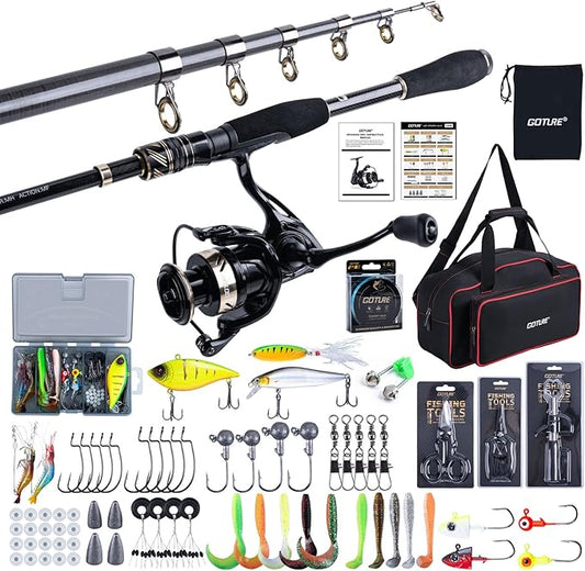 Goture Fishing Rod and Reel Combo - Carbon Fiber Telescopic Fishing Pole - Spinning Reel 9+1 Shielded Bearings Stainless Steel BB - A