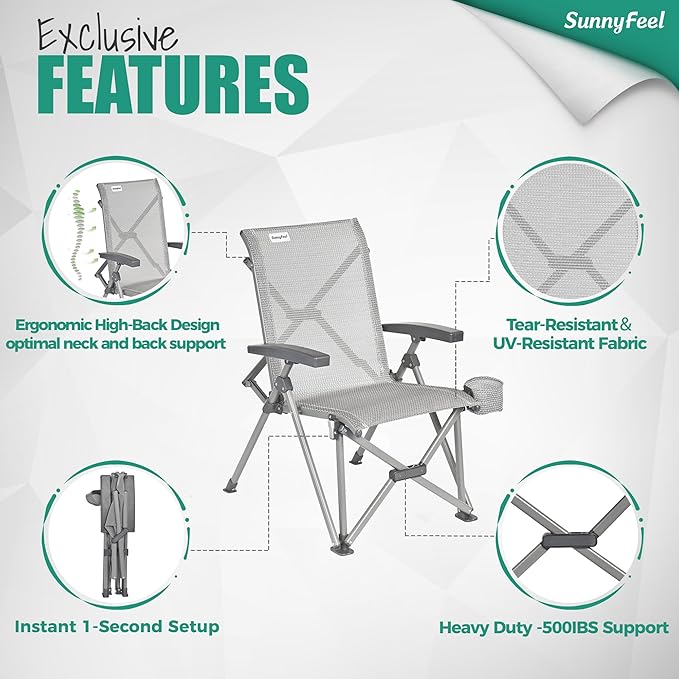 SUNNYFEEL Ergonomic High-Back Camping Chair - 1 Second Folding Chair with 500lbs Capacity, Breathable Back Support for Outdoor, Lawn, Hiking, Fishing (Grey)