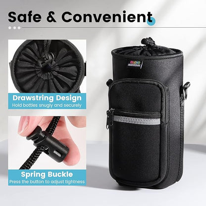 Nuovoware Water Bottle Carrier Bag,25oz/40oz/64oz Bottle Pouch Holder,Adjustable Shoulder Hand Strap 2 Pocket Sling Neoprene Sleeve Sports Accessories for Hiking Travelling Camping