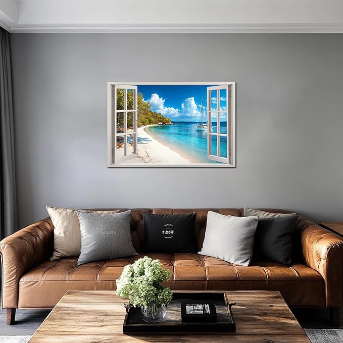 ANRUOXI Beach Wall Art, Window Frame Style Canvas Wall Decor Ocean, Blue Sea & Tropical Palm Tree Coasts Boats Canvas, Paradise Scenery Nature Landscape Painting for Living Room Office Home 28x40 Inch