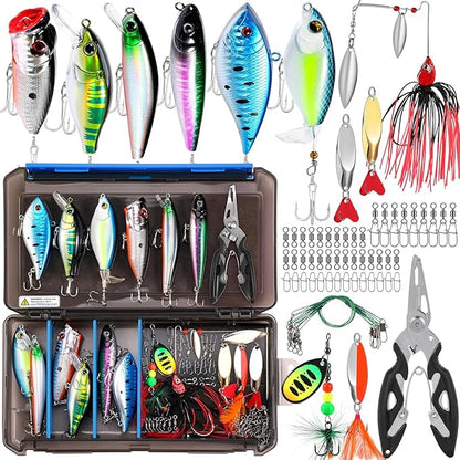 PLUSINNO Fishing Lures Fishing Tackle Box Fishing Gifts for Men, Bass, Trout Fishing Accessories Kit for Saltwater & Freshwater Fishing Gear Including Topwater Lures, Hooks, Spinnerbaits