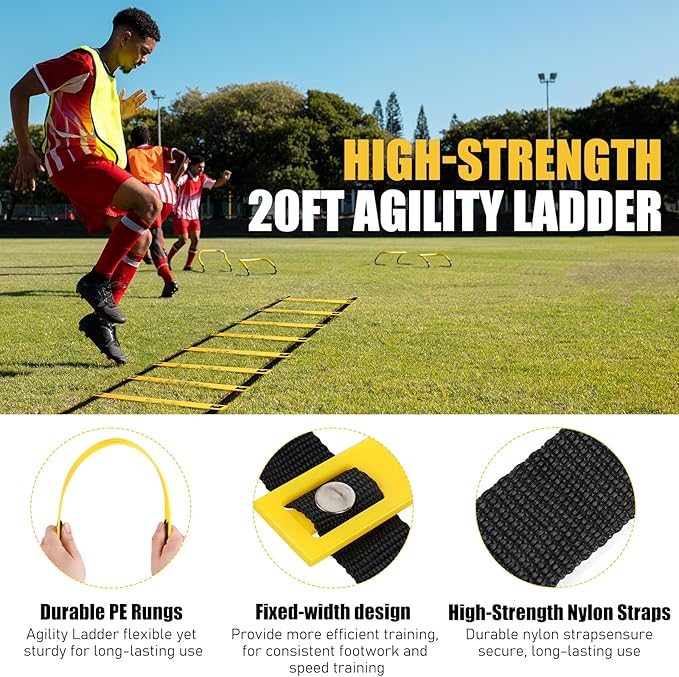 Agility Speed Training Equipment Set, Football Practise Set with 20ft Agility Ladder, 12 Cones, 4 Adjustable Hurdles, Jump Rope, Parachute, for Basketball, Soccer, Football, Kids, Youth, Adults