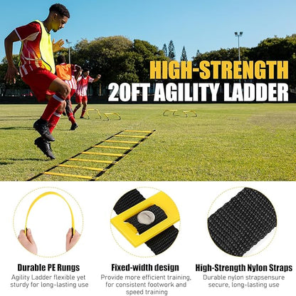 Agility Speed Training Equipment Set, Football Practise Set with 20ft Agility Ladder, 12 Cones, 4 Adjustable Hurdles, Jump Rope, Parachute, for Basketball, Soccer, Football, Kids, Youth, Adults