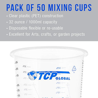 TCP Global 32 oz. (1000ml) Graduated Plastic Mixing Cups (Box of 50) - Disposable Plastic Measuring Cups for Liquids, Paints, Resin, Epoxy, Art, Kitchen - Ratios 2-1, 3-1, 4-1 ML