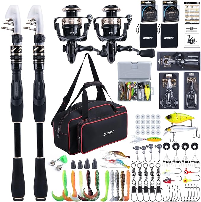 Goture Fishing Rod and Reel Combo - Carbon Fiber Telescopic Fishing Pole - Spinning Reel 9+1 Shielded Bearings Stainless Steel BB - A