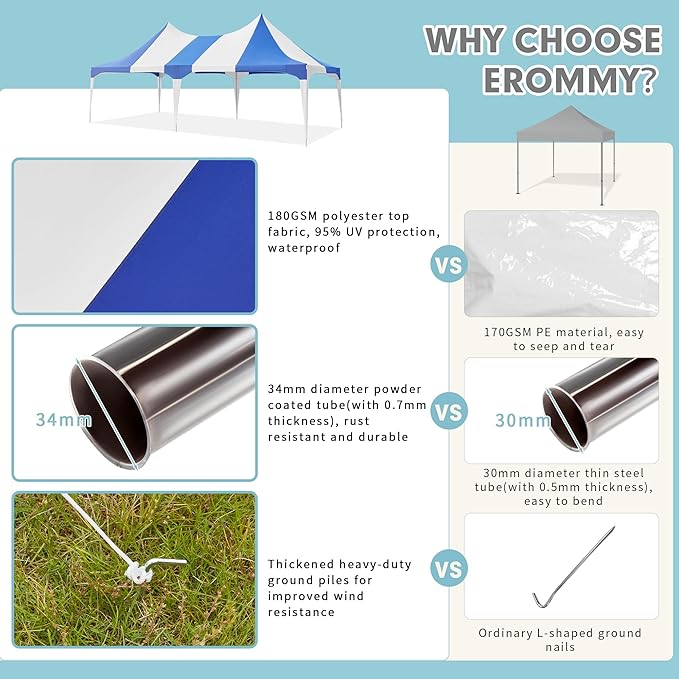 EROMMY 13x26ft Party Tent, Heavy Duty Double Peaked Canopy with Pole-Less Event Space, 60 Person Capacity Wedding Tent for Party & Event, White & Blue