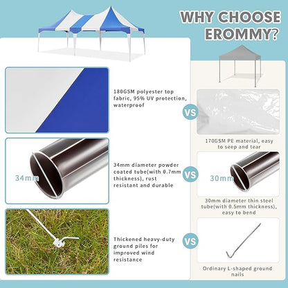 EROMMY 13x26ft Party Tent, Heavy Duty Double Peaked Canopy with Pole-Less Event Space, 60 Person Capacity Wedding Tent for Party & Event, White & Blue