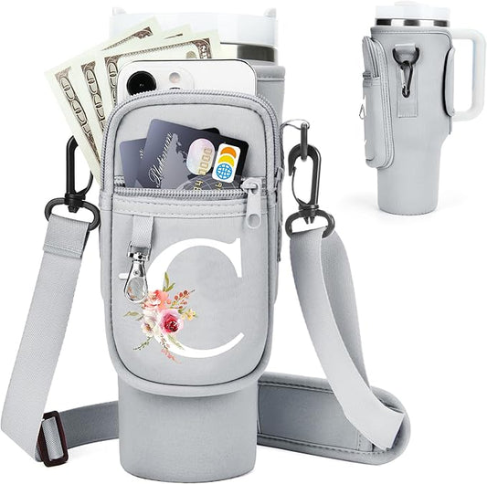 Initial Water Bottle Holder with Strap for Stanley 40 oz Tumbler/Simple Modern 40 oz Tumbler,Water Bottle Carrier Bag with Strap,Personalized A-Z Phone Pocket for Stanley Cup Accessories