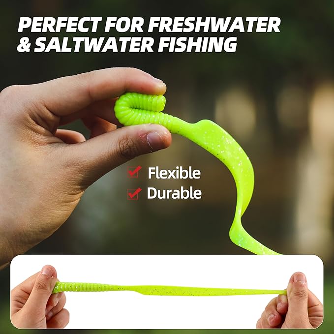 Curly Style Tail Worms Fishing Lures – Realistic Wavy Tail Soft Bait Grub Swimbaits for Saltwater & Freshwater Fishing, Available in 4 Inch & 6 Inch, Perfect for Bass, Trout, Crappie, & More