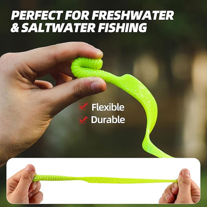 Curly Style Tail Worms Fishing Lures – Realistic Wavy Tail Soft Bait Grub Swimbaits for Saltwater & Freshwater Fishing, Available in 4 Inch & 6 Inch, Perfect for Bass, Trout, Crappie, & More