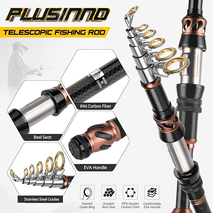 PLUSINNO Fishing Rod and Reel Combos - Carbon Fiber Telescopic Fishing Pole - Spinning Reel 12 +1 Shielded Bearings Stainless Steel BB