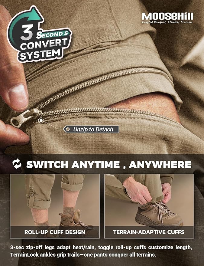 Moosehill Men's-Hiking-Pants Convertible Quick-Dry Water-Resistant Lightweight Zip-Off Outdoor with 5 Deep Pockets