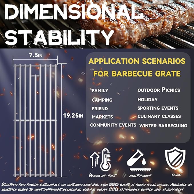 1 Pack 8mm Process Upgrade 7.5 x 19.25In Stainless Steel BBQ Grill Grate Replacement Part for Bull 16517 BBQ Angus,Lonstar Select 87048,87049,Brahma,Outlaw Steer Premium 69008,69009, 7 Burner Premium