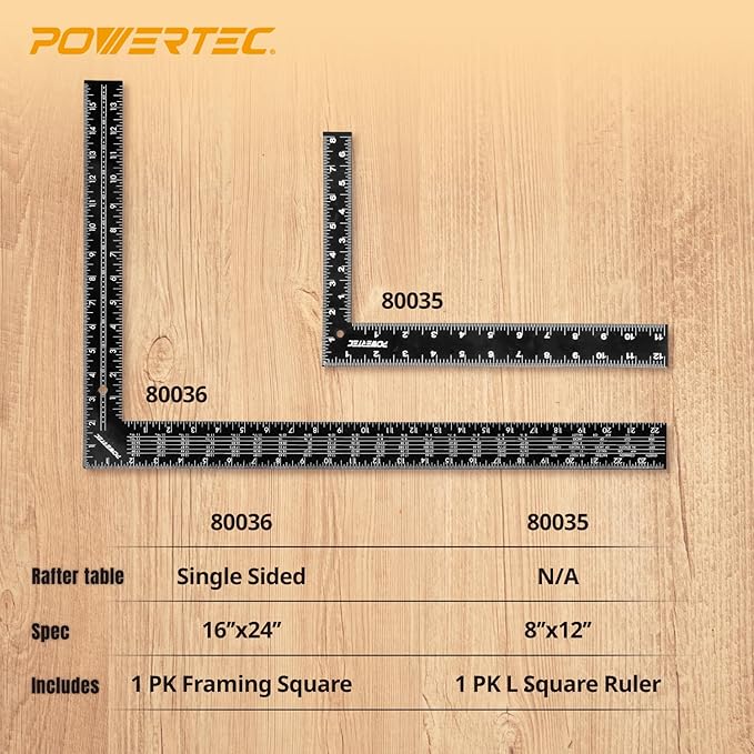 POWERTEC Framing Square, 16'' x 24'' Carpenter Square with Imperial & Metric Graduations, Woodworking Square for Carpenter, Woodworking, Construction, Stair Gauges (80036)