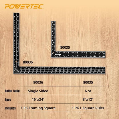POWERTEC Framing Square, 16'' x 24'' Carpenter Square with Imperial & Metric Graduations, Woodworking Square for Carpenter, Woodworking, Construction, Stair Gauges (80036)