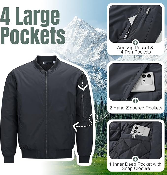 33,000ft Men's Bomber Jacket Waterproof Zip Up Windbreaker Quilted Padded Lightweight Warm Casual Spring Fall Winter Coat