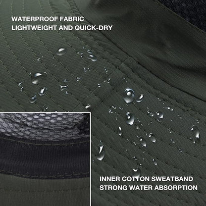 Men's Sun Hat Outdoor UPF50+ Mesh Wide Brim Bucket Safari Cap Foldable Waterproof Boonie Fishing Hats