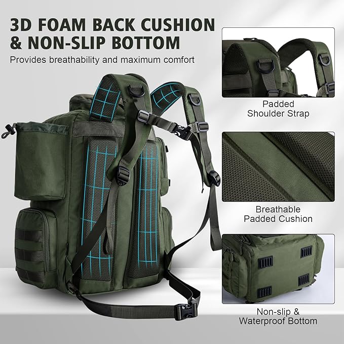 Goture Fishing Backpack, 900D Water-Resistant Tackle Backpack with Rod Holders, 45L Large Fishing Bag Storage Gear Tackle Bag with 8 Lure Pockets, Rain Cover for Camping Hiking(Without Tackle Box)