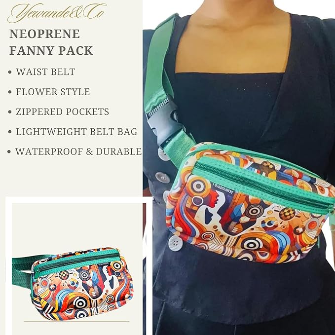 Yewande&co Neoprene Fanny Pack Belt Bag – Lightweight Waterproof Waist Bag with Adjustable Strap, 3 Zippered Pockets, Crossbody Belt Bag for Travel, African Design Crossbody Bags (Jewel)