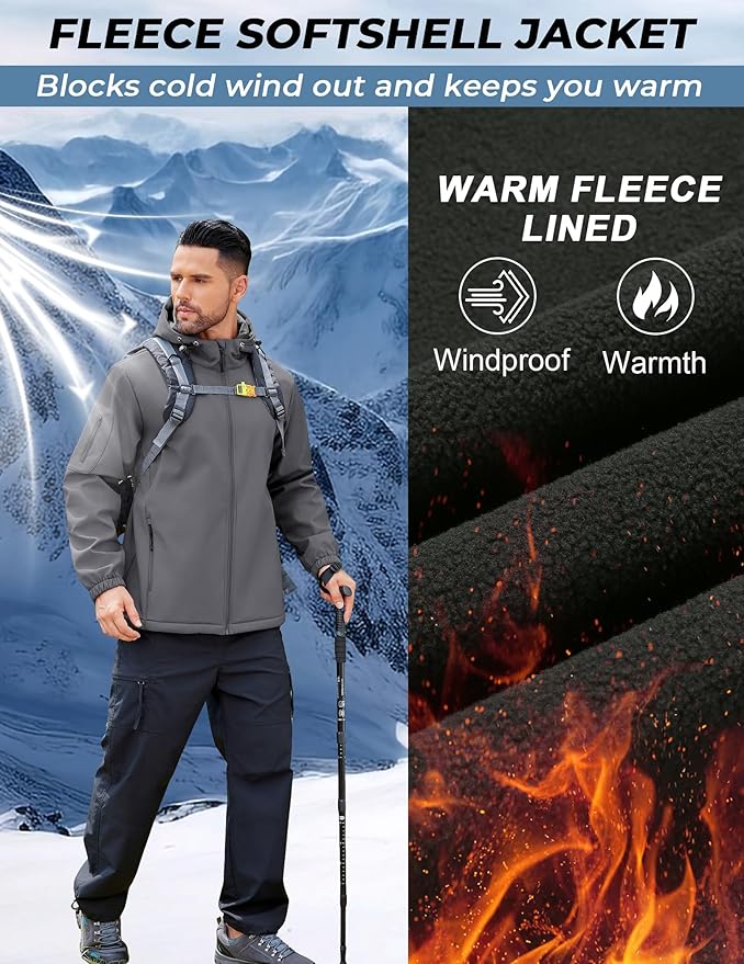 COOFANDY Men's Hooded Softshell Jacket Waterproof Fleece Lined Windbreaker Lightweight Outdoor Hiking Jacket