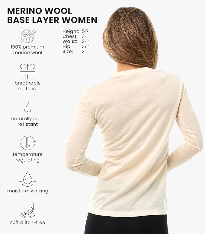 Merino Wool Base Layer Women - 100% Merino Wool Shirt Women Thermal Underwear Long Sleeve T-Shirt for Hiking