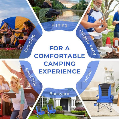 Camping Chairs for Adults, Adjustable Backrest Heavy Duty Oversized Folding Camping Chair Supports 350lbs for Outside with Cup Holder&Side Pocket, Outdoor Folding Camp Chair with High Back (Blue)