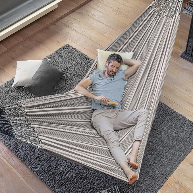 LA SIESTA Flora Classic Cotton Hammock & TreeMount - Indoor Outdoor Large Patio Bed With Tree Straps for Beams Posts, Portable Double 2 Person, Zebra