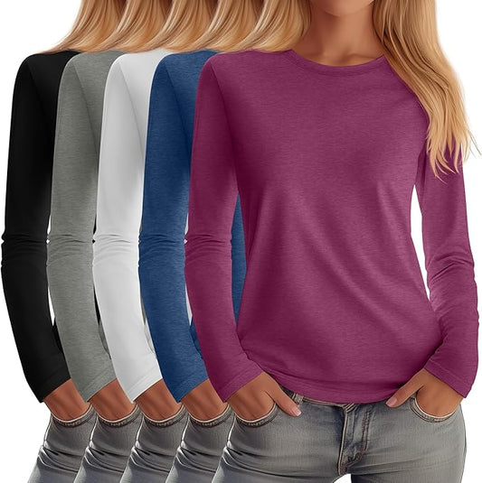 Huukeay 5 Pack Women's Crew Neck Long Sleeve Shirts, Cotton Blend Casual Clothes Workout Basic Layering Tee Tops Multipack