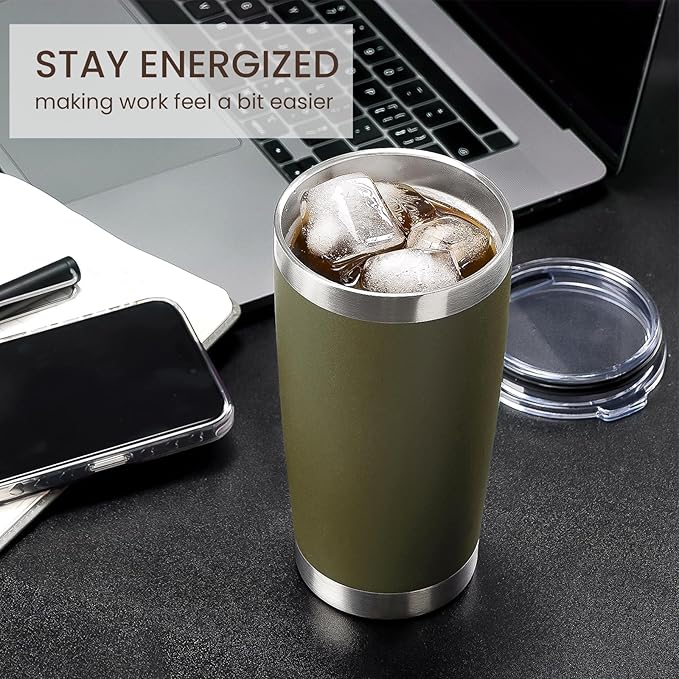 MEWAY 20oz Tumbler 12 Pack Double Wall Vacuum Insulated Travel Mug Bulk, Stainless Steel Tumblers with Lid and Straw, Durable Powder Coated Coffee Cups for Cold & Hot Drinks (Army Green, 12)