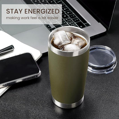 MEWAY 20oz Tumbler 12 Pack Double Wall Vacuum Insulated Travel Mug Bulk, Stainless Steel Tumblers with Lid and Straw, Durable Powder Coated Coffee Cups for Cold & Hot Drinks (Army Green, 12)
