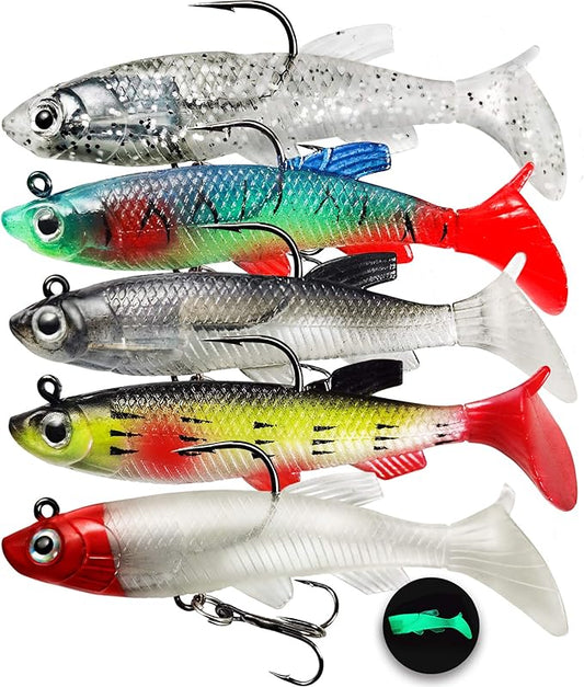 Soft Fishing Lures Shad Minnow Swimbaits, Pre-Rigged Jig Heads Paddle Tail Swim Baits for Bass, Trout, Walleye, Crappie, Sinking Jigs Bait for Saltwater Freshwater, Fishing Gifts for Men