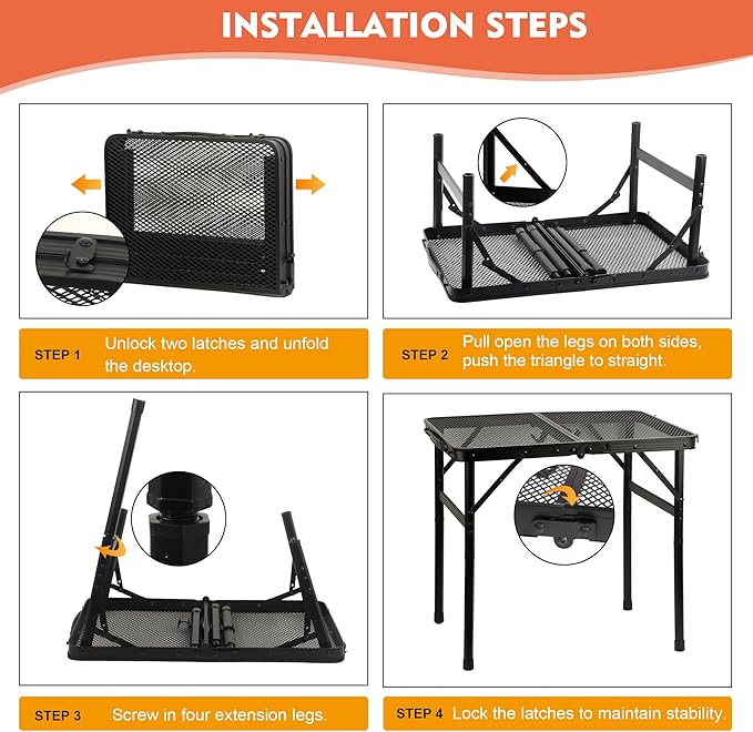 Camping Table with Mesh Desktop, Lightweight & Portable Folding Grill Table, Height Adjustable Metal Outdoor Table for Camp, Cooking, BBQ, RV, Picnic-3 FT Black