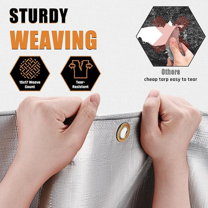 10x20FT Waterproof Tarp, Yumatum 16 Mil Heavy Duty Tarps with Reinforced Edges/Brass Grommets, 100% UV Blocking/Tear Resistant Poly Tarp for Camping, Patio, Tent, Boat(Silver/Black)