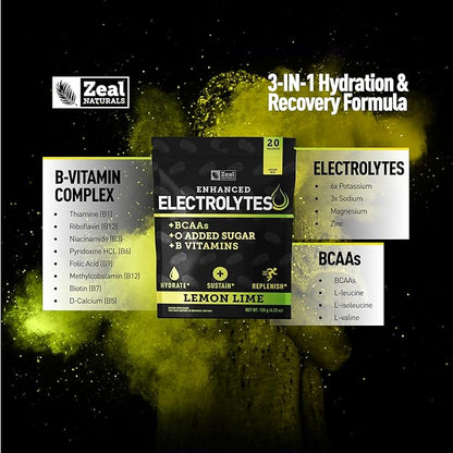 Enhanced Electrolyte Powder Stick Packs (Lemon Lime | 20 Packets) w/ 0 Sugar +BCAAs +B-Vitamins Electrolyte Supplement w Potassium Zinc & Magnesium for Hydration - Keto Electrolytes