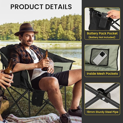 NAIZEA Heated Camping Chairs with Cooler Bag, Folding Camping Chair for Adults Outdoor, Heavy Duty Heated Lawn Chair for Camp, Garden, Firepits, Patio, & More, Support 500 LBS