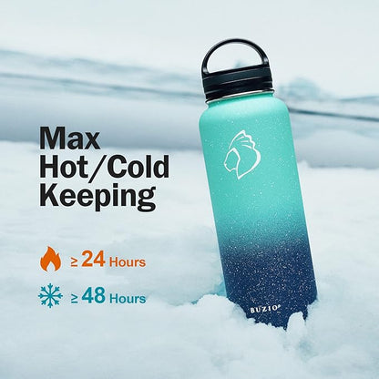 BUZIO 40 oz Water Bottle Insulated with Straw & 3 lid and Carrying Pouch, Leak Proof Anti-Slip Stainless Steel Water Flask Jug, Cold for 48 Hrs Double Vacuum Thermo Canteen, BPA-Free, Starry Pacific