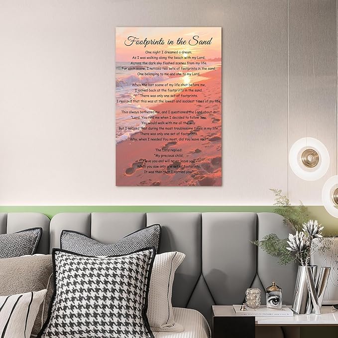 Footprints In The Sand Wall Art Religious Poem Poster Jesus Christian Print Retro Canvas Motivational Quotes Painting Pictures Home Decor Framed 12 * 18 Inch