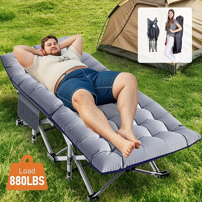 Slsy Folding Camping Cot for Adults with Pad, Padded Portable Sleeping Cots, Camp Bed with Carry Bag for Outdoor Travel, Beach, Hiking