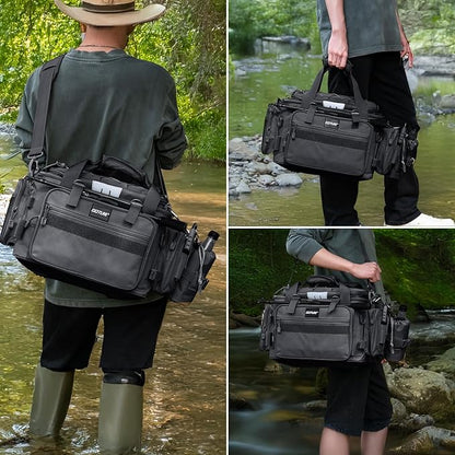 Goture Fishing Tackle Bag, Store Up to 4PCS 3700 Plus 2PCS 3600 Tackle Trays(Not Included), 600D Soft Side Gear Fishing Bag with Rod Straps,Detachable Water Bottle Pouch,Waterproof Bottom,SBS Zippers