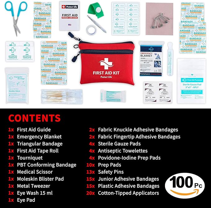Protect Life Survival First Aid Kit for Home/Business, Camping Survival Kits | Mini Travel First Aid Kit | Camping Equipment | Small Kits for Car | Outdoor Emergency Survivals Pack - 100pcs