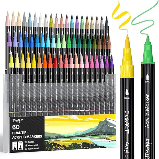JusArt 60 Colors Dual Tip Acrylic Paint Pens Markers, Brush and Fine Tip, Premium Paint Pens for Wood, Canvas, Egg, Stone, Fabric, Rocks, Metal, Glass, Ceramic, DIY Crafts Making Art Supplies Gifts