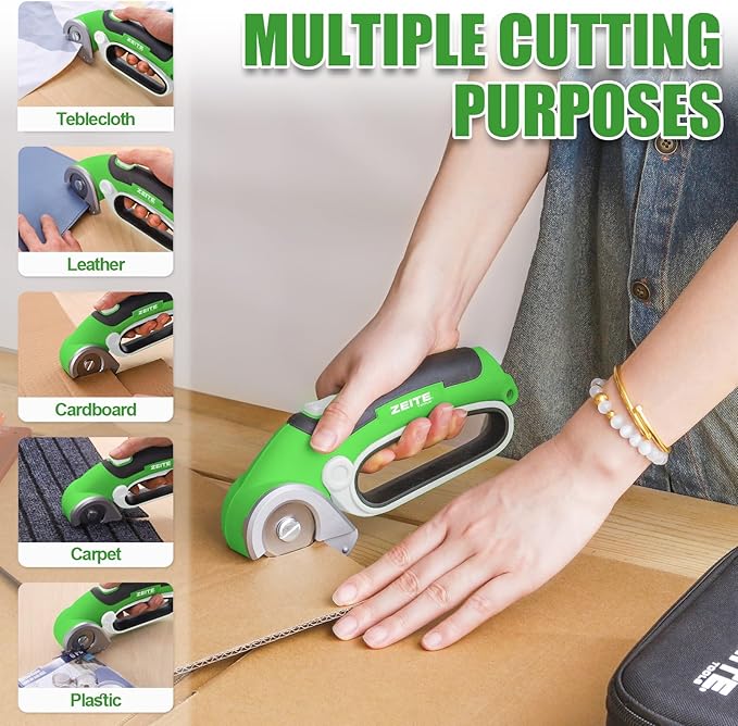 ZEITE 4V Cardboard Box Cutter,Cordless Electric Scissors,Max Cutting 1/4",Ideal for Cardboard,Thin Carpet & Plastic Recycling,Easy to Hold and Safe,Green
