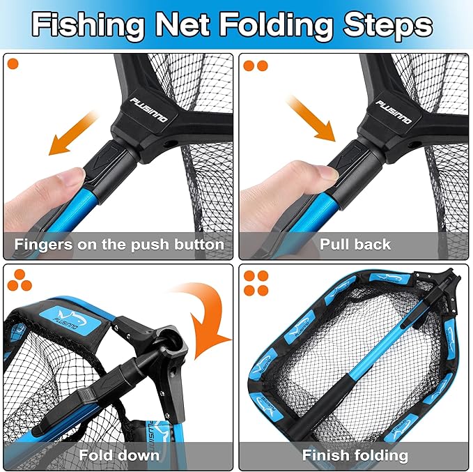 PLUSINNO Floating Fishing Net for Steelhead, Salmon, Fly, Kayak, Catfish, Bass, Trout Fishing, Rubber Coated Landing Net for Easy Catch & Release, Compact & Foldable for Easy Transportation & Storage