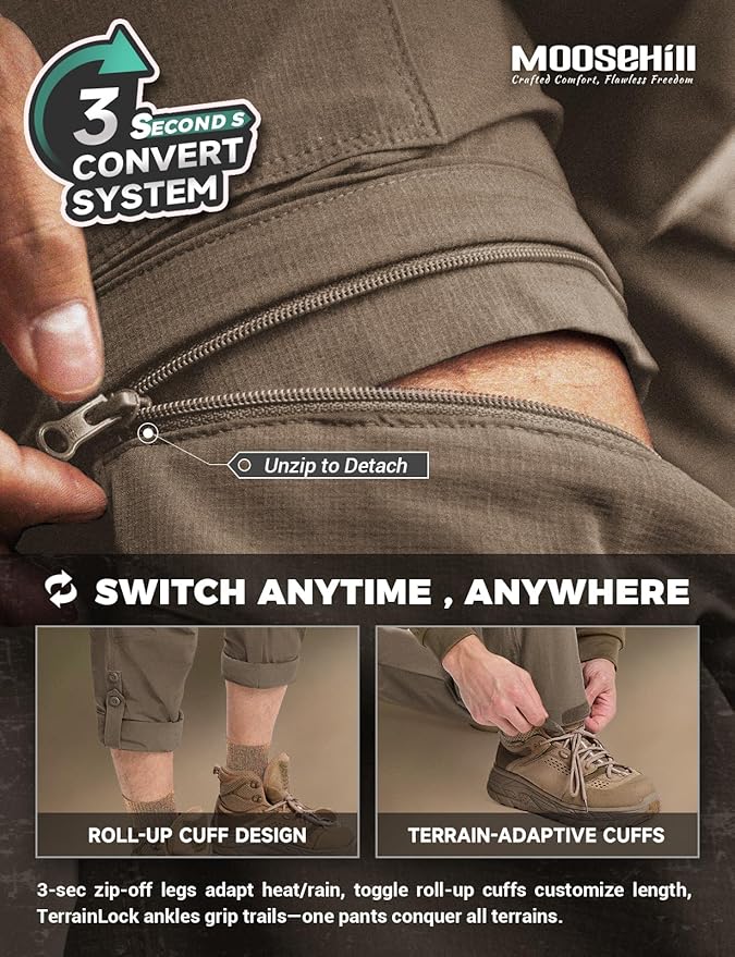 Moosehill Men's-Hiking-Pants Convertible Quick-Dry Water-Resistant Lightweight Zip-Off Outdoor with 5 Deep Pockets