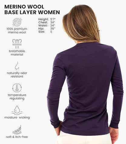 Merino Wool Base Layer Women - 100% Merino Wool Shirt Women Thermal Underwear Long Sleeve T-Shirt for Hiking