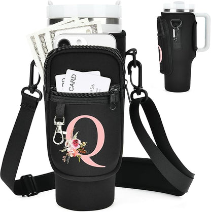 Initial Water Bottle Holder with Strap for Stanley 40 oz Tumbler/Simple Modern 40 oz Tumbler,Water Bottle Carrier Bag with Strap,Personalized A-Z Phone Pocket for Stanley Cup Accessories