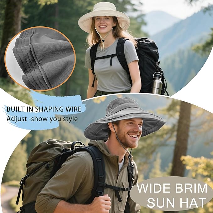Sun Hats for Women Men UV Protection Wide Brim Bucket Hat with Ponytail Hole Waterproof Gardening Fold-Up Summer Cap